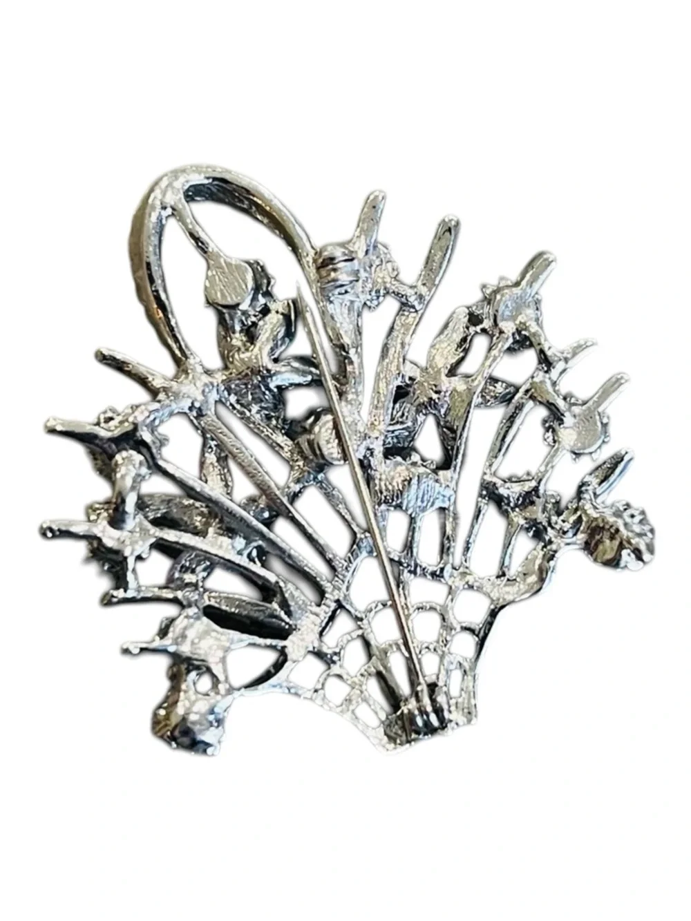Vintage Flower Basket Brooch – Silver Tone with Rhinestones & Enamel - Picture 2 of 3